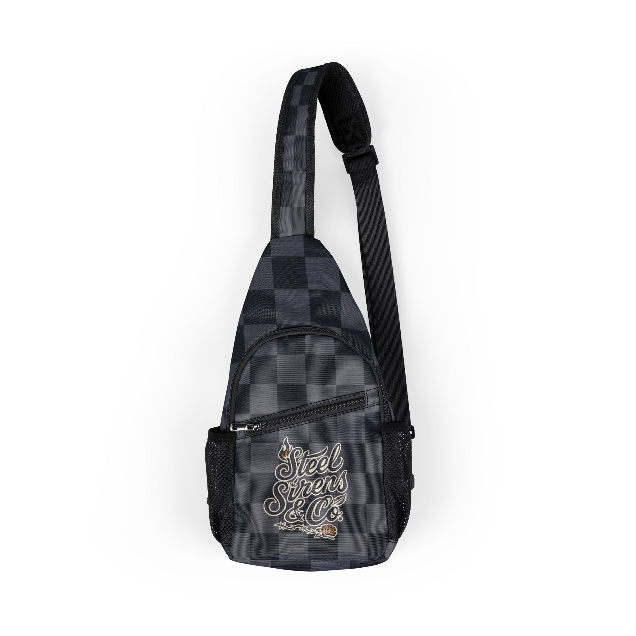 Checkered Chest Sling Bag with 'Steel Strong' Script – Urban Crossbody Backpack