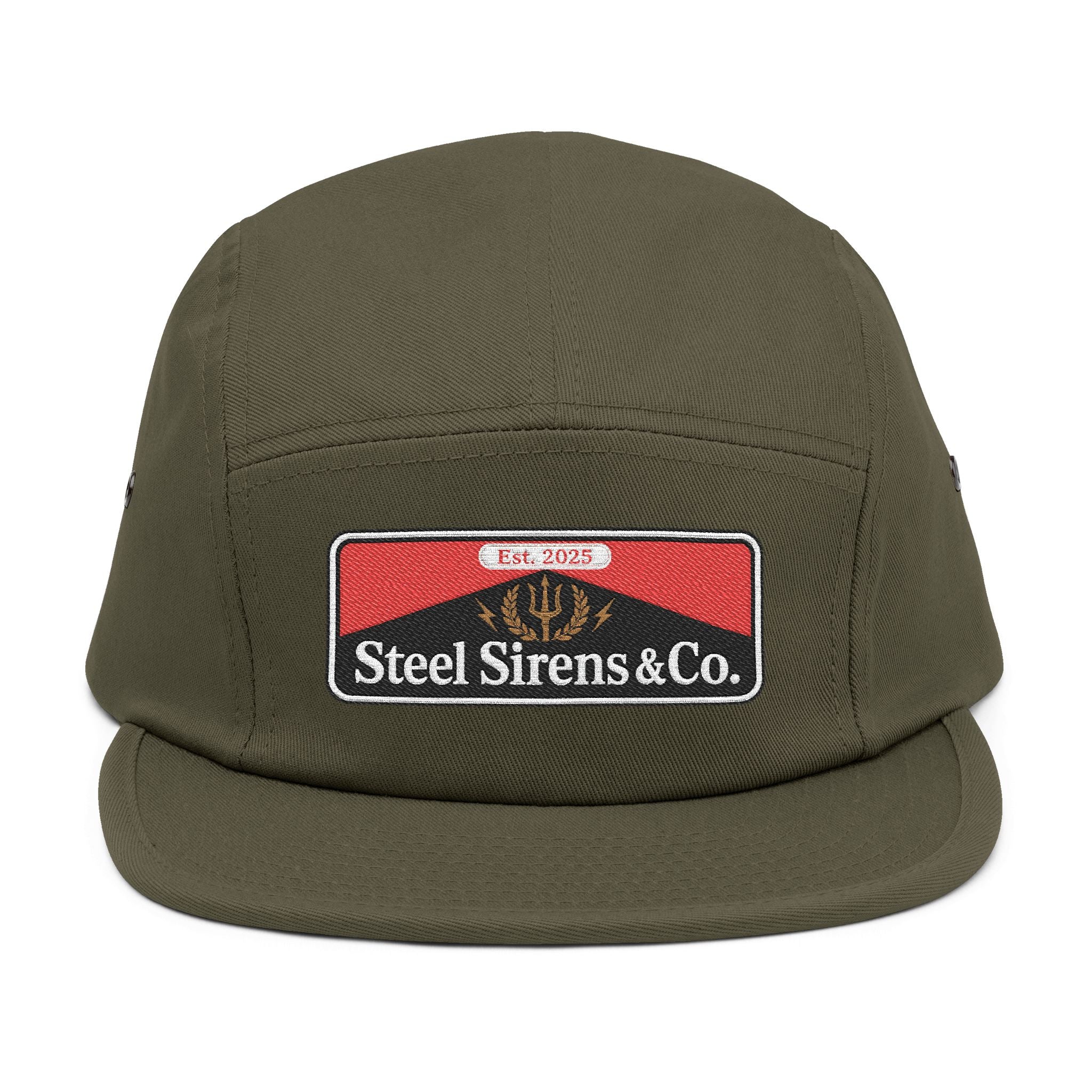 Steel Sirens & Co. Embroidered 5-Panel Cap — Khaki Vintage Patch Hat