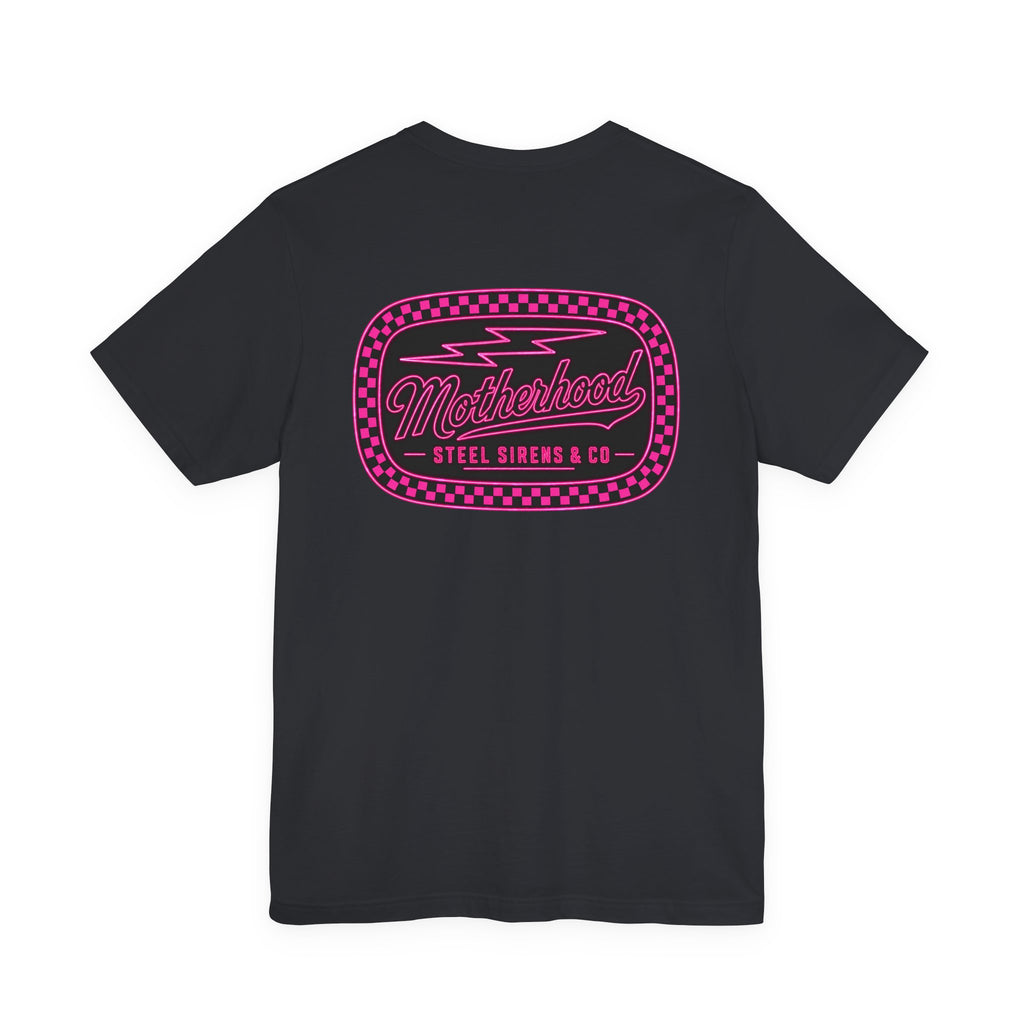 Motherhood Graphic Tee — 'Motherhood' Pink Checkerboard Logo T‑Shirt