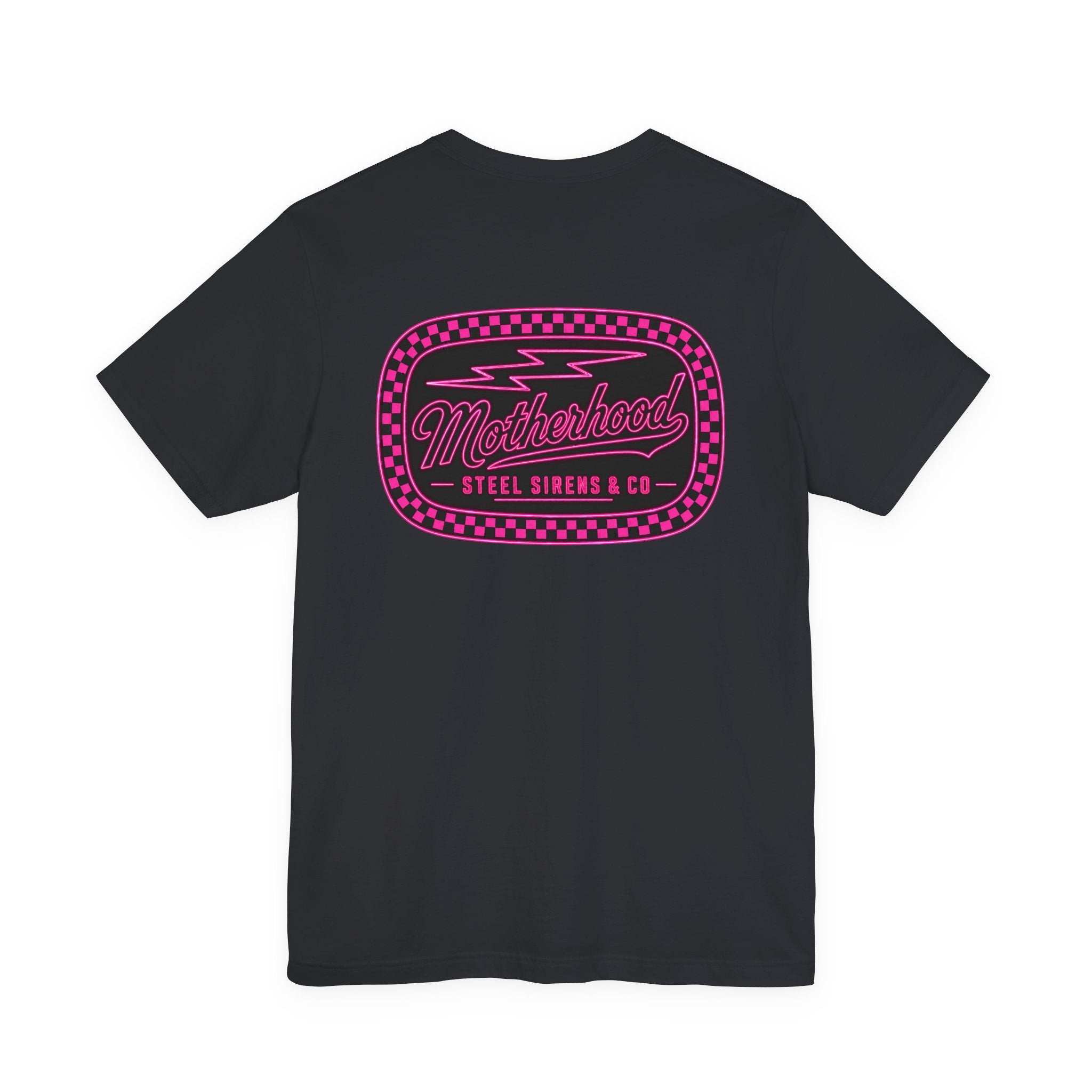 Motherhood Graphic Tee — 'Motherhood' Pink Checkerboard Logo T‑Shirt