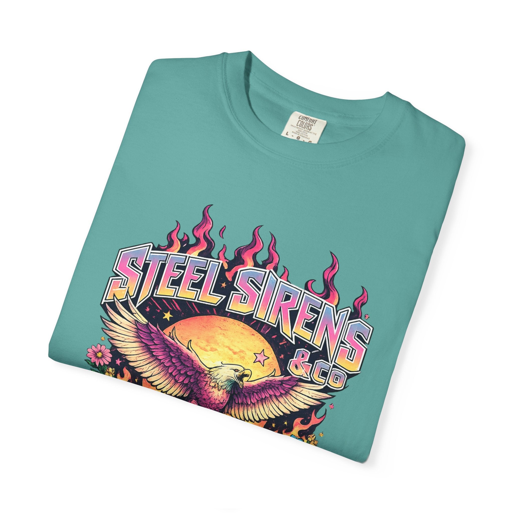 Steel Sirens Graphic T-Shirt — Retro Eagle Sunset Band Tee